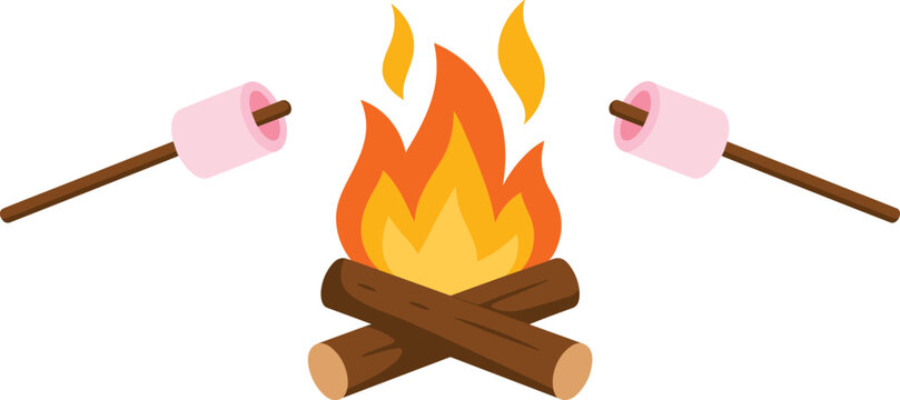 Cozy campfire vector illustration with roasting sweet marshmallows on wooden sticks isolated on white background element