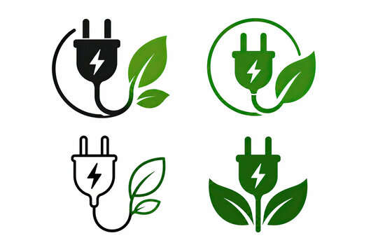 Set of green energy icons with power plugs and leaves on white background isolated on white background