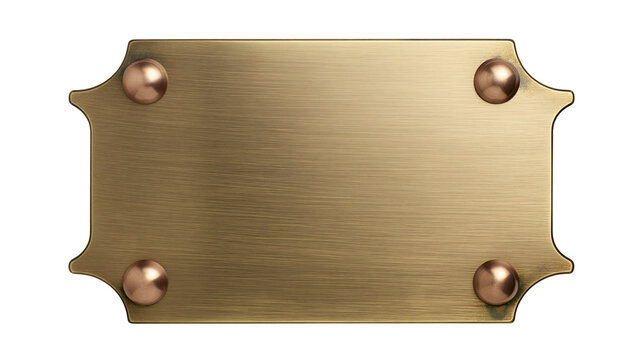 Brushed brass plaque with copper rivets, isolated on transparent background