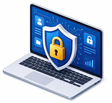 Laptop computer with digital security shield and gold padlock icon isolated on white background