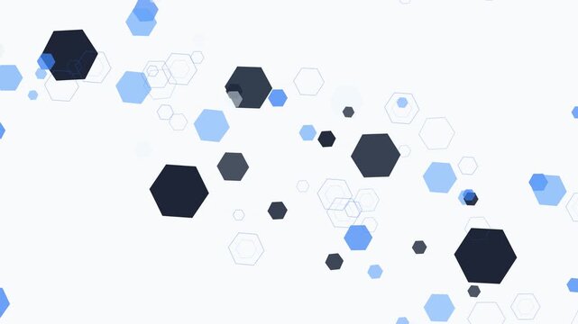 Abstract arrangement of floating dark and light blue hexagons of varying sizes on a white surface, minimalist geometric pattern for corporate or technical layouts.