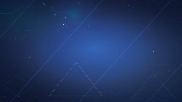 Abstract blue surface with geometric triangles, faint diagonal light beams, and subtle star-like dots for clean, minimal business templates and graphic layouts.