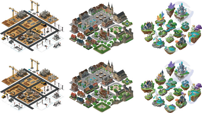 Isometric game map tile set featuring industrial construction zones medieval fantasy villages and floating magical kingdom islands vector