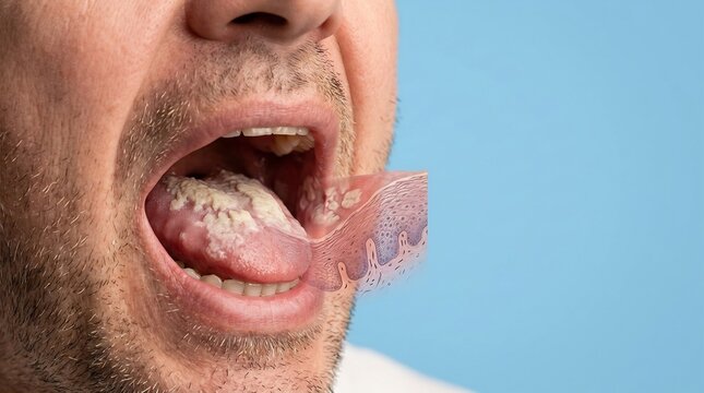 Close-up of an adult man with an open mouth showing white plaque on the tongue with a medical anatomical cross section overlay