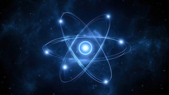 Concept of an atom represented by blue light against a dark background with particles and orbits shown in space