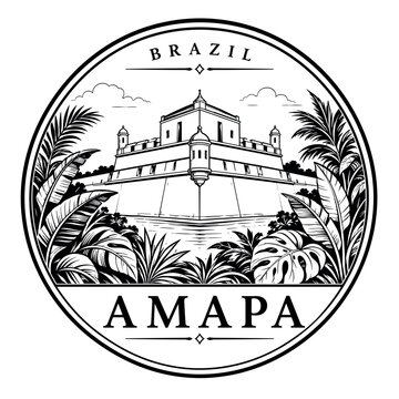 Fortaleza de Sao Jose de Macapa, Brazil, emblem with tropical fo