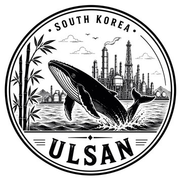 Ulsan South Korea emblem with whale and industrial complex