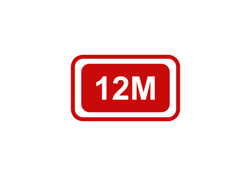 Red rectangular button icon with 12m text label for social media follower count or marketing statistics display sign isolated on transparent background