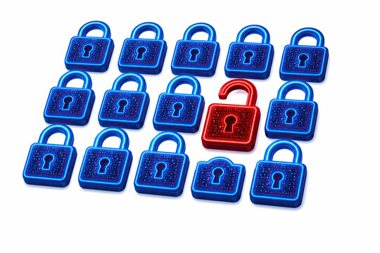 Many blue padlocks and one single red unlocked padlock on white isolated on white background