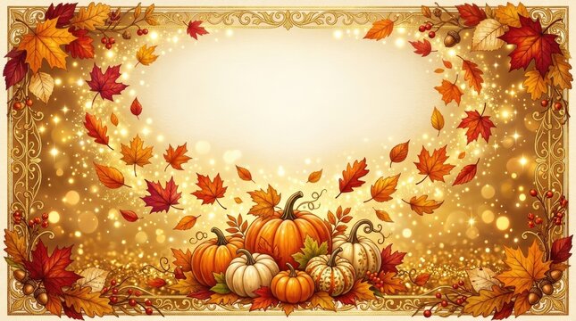 A festive autumn banner features a golden frame adorned with swirling decorative elements and falling maple leaves.