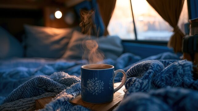 Hot mug on bed inside a traveling van.