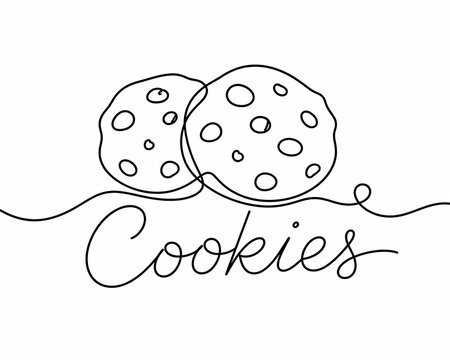 Continuous line drawing of two chocolate chip cookies and text label isolated on white background