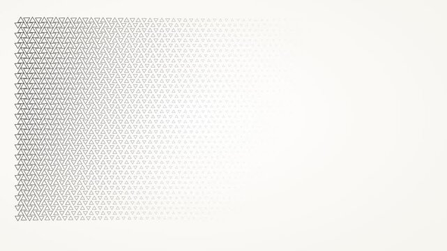 Geometric pattern with repeating black triangles on a white gradient. Abstract triangular grid design with fading halftone effect for modern visual layout.
