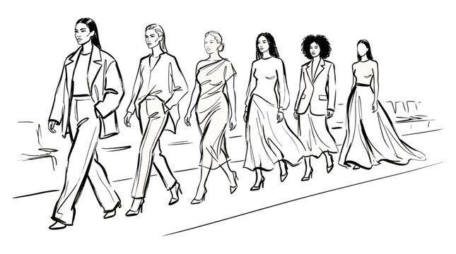 Fashion Runway Models Sketch Illustration Line Art Vector