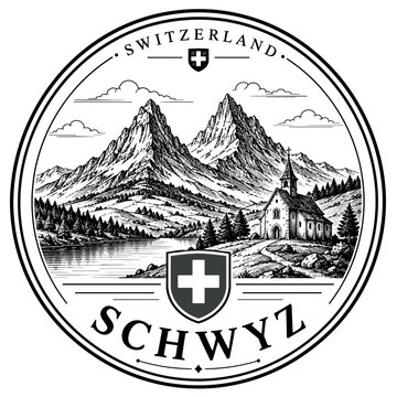Swiss Alps landscape with church and lake, vintage illustration