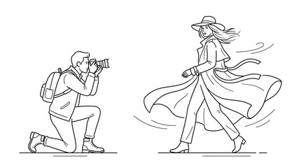 Obraz premium Photographer Taking Picture of Fashion Model Line Art Vector