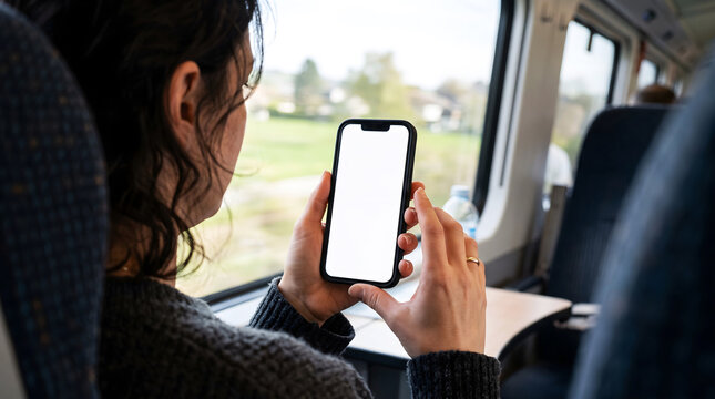 Hand holding mobile phone with blank white screen mockup on passenger train, woman sitting by window using offline navigation transit ticket booking app, travel concept
