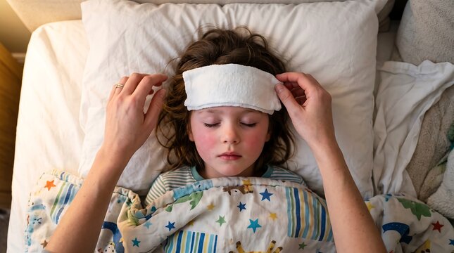 Young girl lies on bed with hands on head and cold compress on forehead