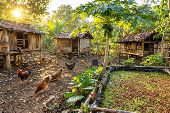Wide view of traditional chicken coops, free range flock and azolla pond in oil palm plantation at sunrise