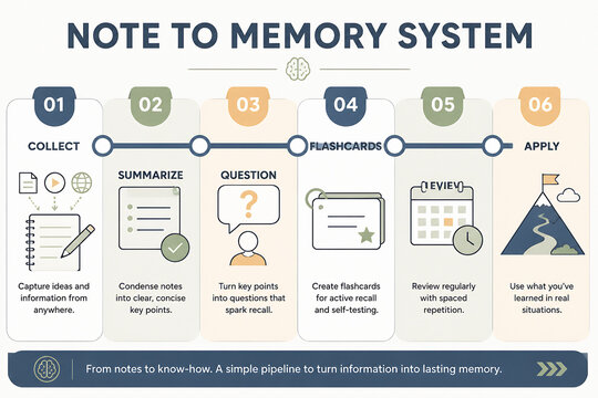 A diagram illustrates a six-step process for turning notes into lasting memory, titled Note to Memory System.