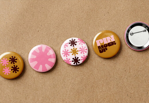Row of Pin Badges Mockup on Kraft Paper