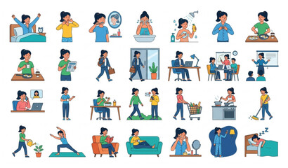 Fototapeta premium Daily Routine of a Woman Flat Vector Illustration Set Isolated on White Background