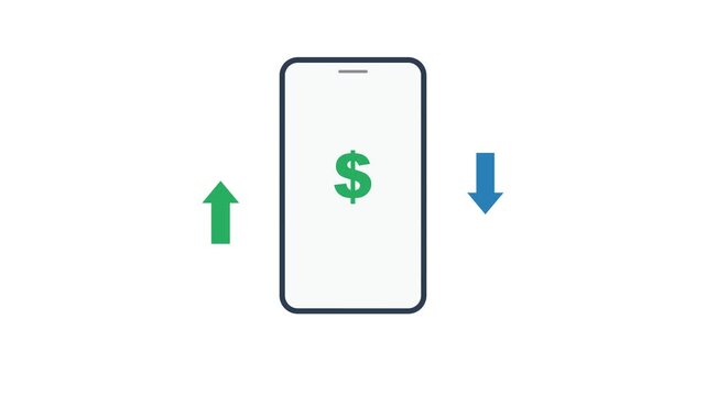 Flat vector illustration animation of a smartphone with dollar sign and moving arrows representing mobile financial transactions