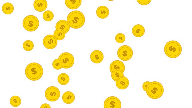 Flat vector illustration of golden dollar coins falling down against a white background