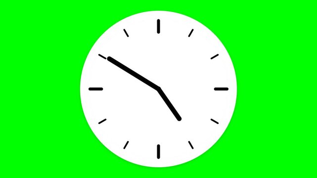 Time lapse animation of minimalist white clock face with rotating black hands on green screen background