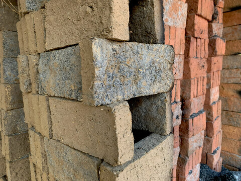Traditional Brick Kiln Wall Built from Stacked Clay Bricks