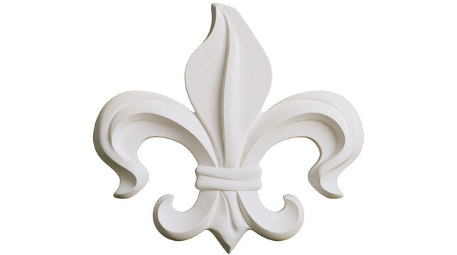 Ornate white fleur de lis emblem with intricate curves, isolated on transparent background
