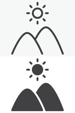 Mountains and sun icon in line, outline and solid style. Editable stroke vector icon set with two peaks, sunrise sign and symbol for travel, hiking and nature themes.