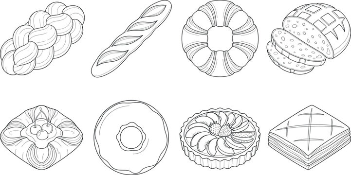 Assorted Bakery Products and Pastries Collection Detailed Black and White Line Art Illustration