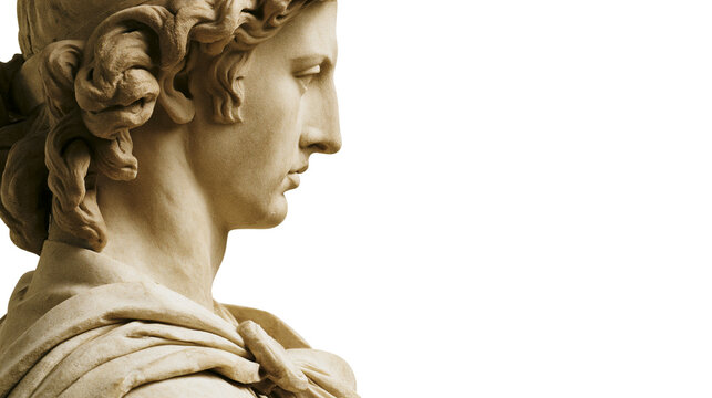 Classical marble sculpture of Apollo s profile, isolated on transparent background