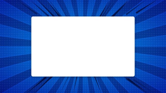 Animated blue comic sunburst background with central white rectangular frame and halftone pattern for copy space