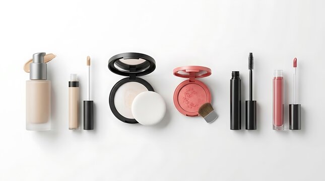 Set of various makeup products including foundation powder blush mascara and lip gloss on marble. simple makeup tutorial