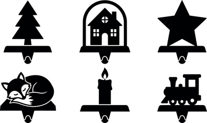 Fototapeta premium Black christmas stocking hooks with tree house star fox candle and train icons