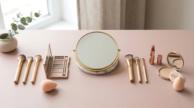 Cosmetic makeup mirror with brushes and beauty products on a table. simple makeup tutorial