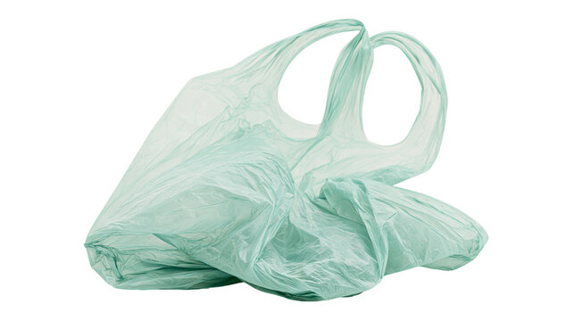 Crinkled light green plastic shopping bag with handles, isolated on transparent background