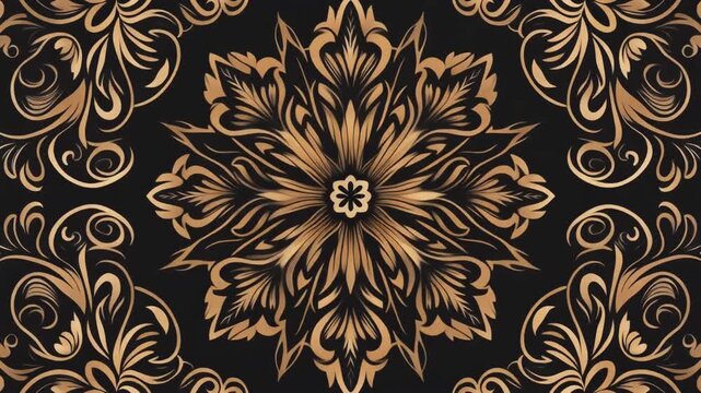 Ornate golden mandala pattern with symmetrical floral elements rotating in a seamless digital animation loop for elegant motion design backgrounds