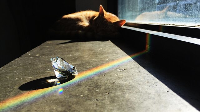 A multifaceted diamond jewel casts a bright rainbow prism on a stone ledge in the sunlight, with a blurry ginger cat sleeping by the window.
