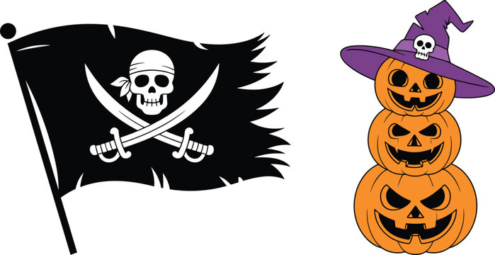 Halloween pirate flag skull with crossed swords and stacked jack o lantern pumpkins vector cartoon illustration clip art set