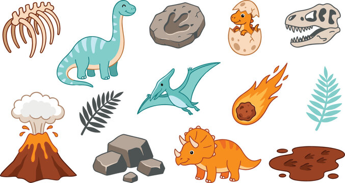 Cute cartoon dinosaur vector set featuring happy prehistoric animals, hatching egg, volcano eruption, fossils, skeletons, meteor, triceratops, pterodactyl, and brachiosaurus elements.
