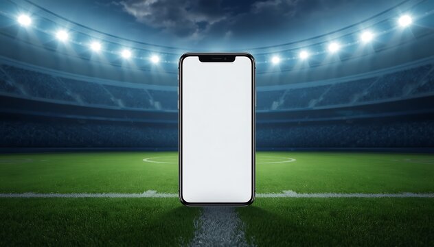 A modern smartphone with a blank white screen stands prominently on a vibrant green sports field inside a large, illuminated stadium at night.