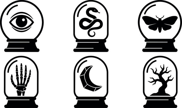 Black and white line art mystical objects in glass domes with eye snake and skeleton hand