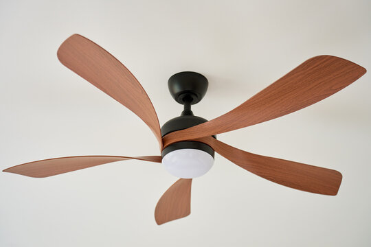 Ceiling mounted fan with five wooden blades, dark metal housing and integrated light