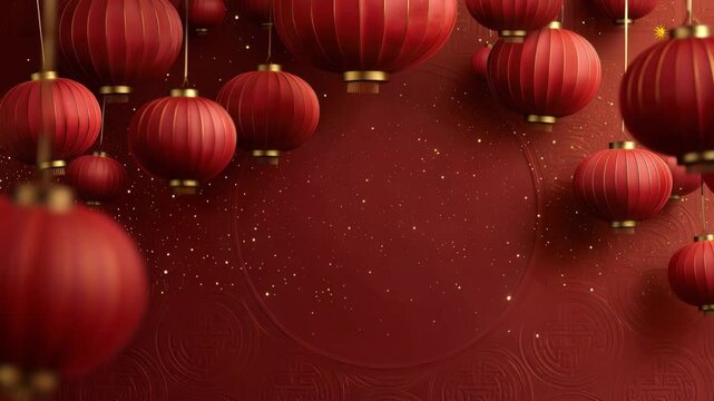Red Chinese lanterns with festive golden sparkles and empty copy space