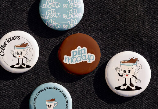 Set of Pin Badges Mockup on Denim
