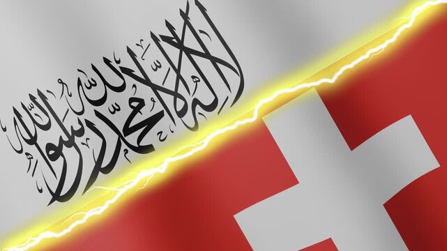 Two waving flags Afghanistan and Switzerland with diagonal lightning seamless, 4k loop