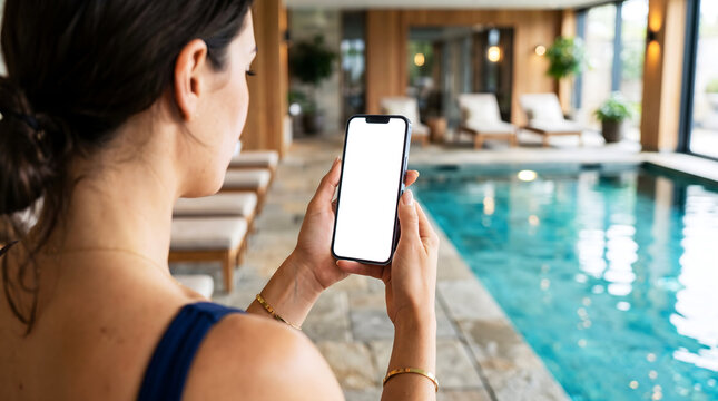 Hand holding smartphone with blank white screen in luxury indoor swimming pool, woman using mobile app for spa reservation mockup, vacation lifestyle, summer relaxation concept.
